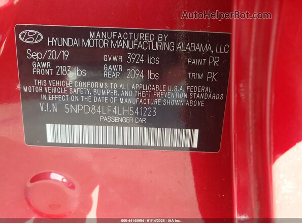 5NPD84LF4LH541223 2020 HYUNDAI ELANTRA Красный 
