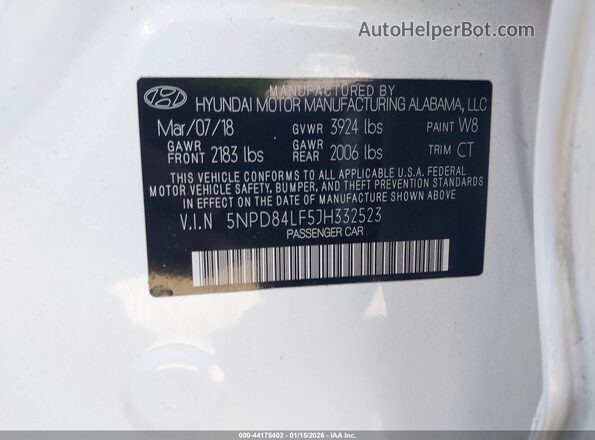 5NPD84LF5JH332523 2018 HYUNDAI ELANTRA White Widok komory silnika