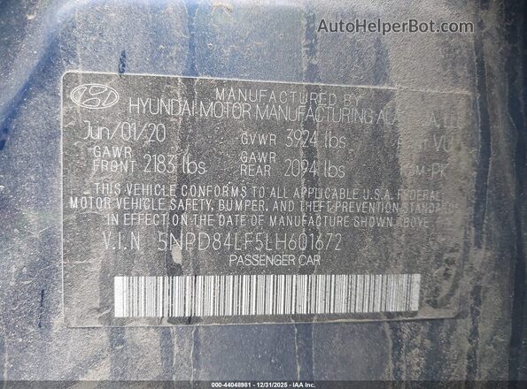 5NPD84LF5LH601672 2020 HYUNDAI ELANTRA Dark Blue Widok komory silnika