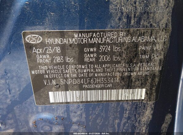 5NPD84LF6JH353414 2018 HYUNDAI ELANTRA Blue Շարժիչի բաժամունքի տեսք