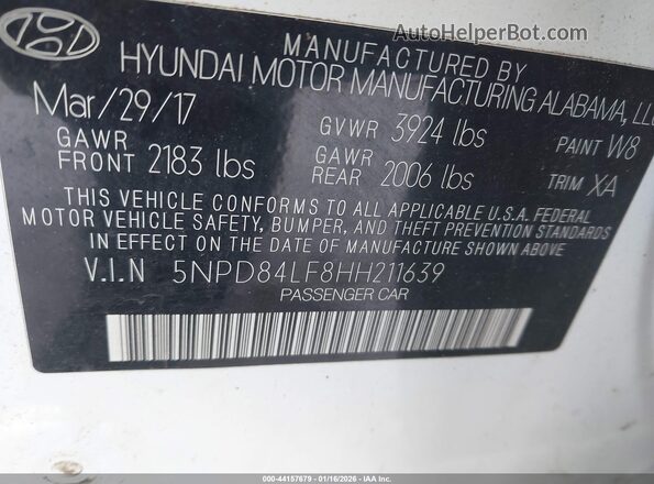 5NPD84LF8HH211639 2017 HYUNDAI ELANTRA White Շարժիչի բաժամունքի տեսք