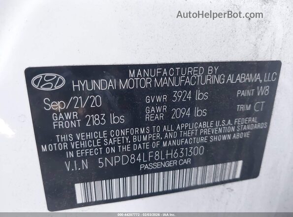 5NPD84LF8LH631300 2020 HYUNDAI ELANTRA White ძრავის განყოფილების ხედი