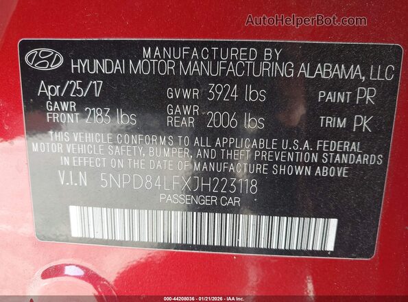 5NPD84LFXJH223118 2018 HYUNDAI ELANTRA Red Vista del compartimento del motor