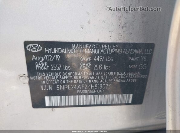 5NPE24AF2KH818023 2019 HYUNDAI SONATA Silver Вид підкапотного простору