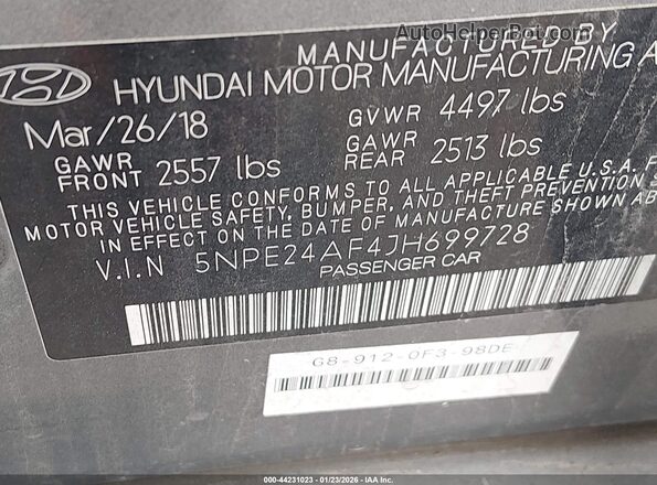 5NPE24AF4JH699728 2018 HYUNDAI SONATA Gray Շարժիչի բաժամունքի տեսք
