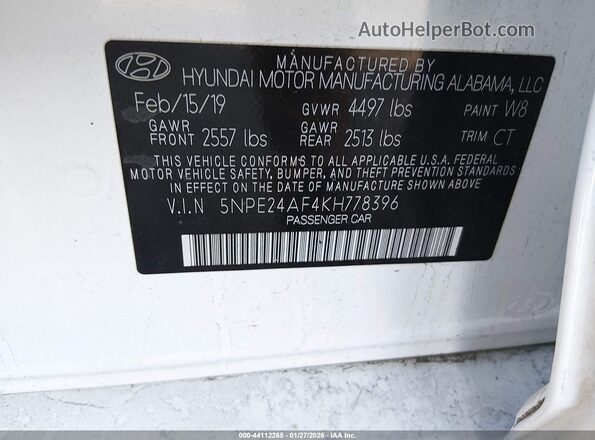 5NPE24AF4KH778396 2019 HYUNDAI SONATA White ძრავის განყოფილების ხედი