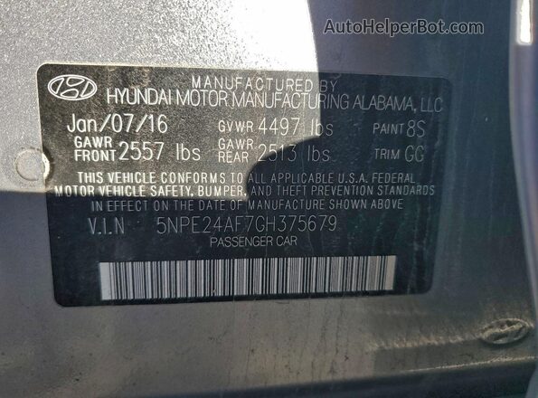 5NPE24AF7GH375679 2016 HYUNDAI SONATA Silver Вид підкапотного простору