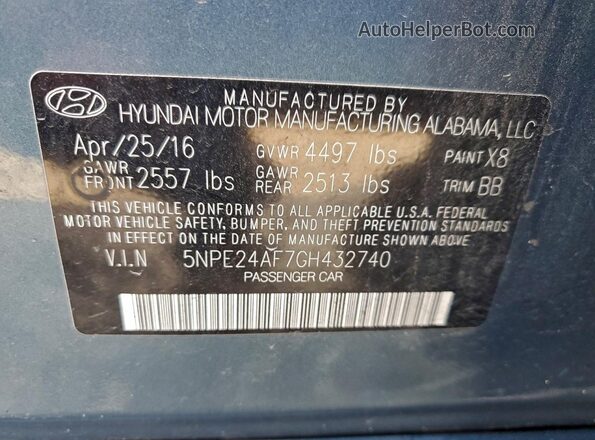 5NPE24AF7GH432740 2016 HYUNDAI SONATA Blue Widok komory silnika