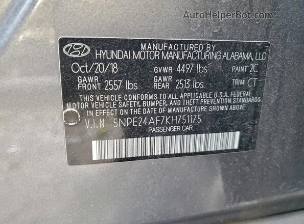 5NPE24AF7KH751175 2019 HYUNDAI SONATA Gray Շարժիչի բաժամունքի տեսք