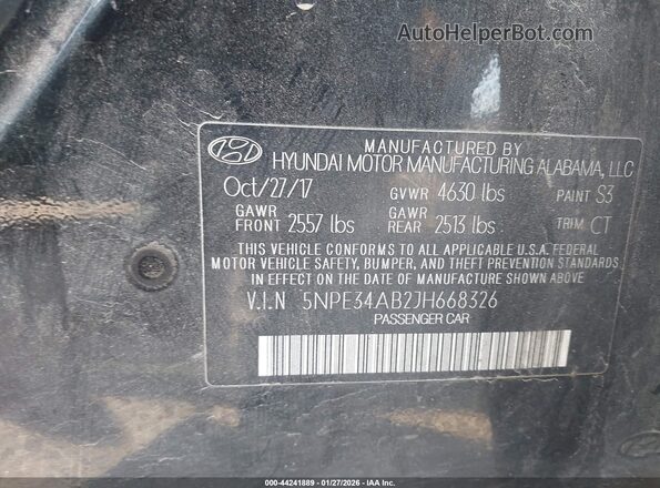 5NPE34AB2JH668326 2018 HYUNDAI SONATA Black Widok komory silnika