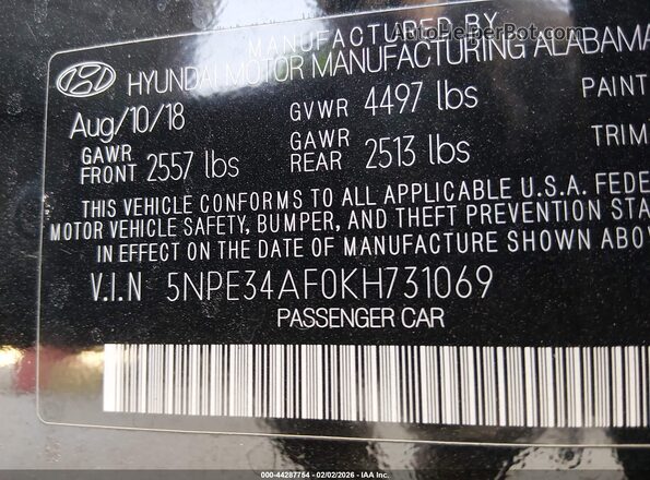 5NPE34AF0KH731069 2019 HYUNDAI SONATA Black Вид підкапотного простору