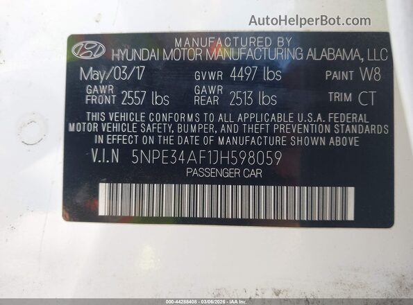 5NPE34AF1JH598059 2018 HYUNDAI SONATA Белый Вид подкапотного пространства