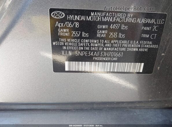 5NPE34AF3JH701661 2018 HYUNDAI SONATA Серый Вид подкапотного пространства