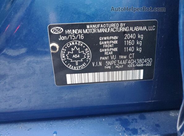 5NPE34AF4GH380450 2016 HYUNDAI SONATA Blue Вид підкапотного простору