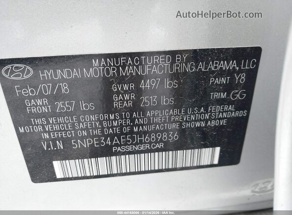 5NPE34AF5JH689836 2018 HYUNDAI SONATA Silver Widok komory silnika