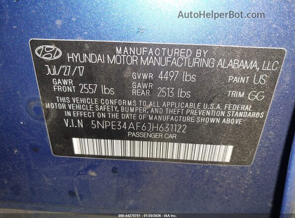5NPE34AF6JH631122 2018 HYUNDAI SONATA Blue Շարժիչի բաժամունքի տեսք