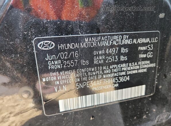 5NPE34AF7HH453604 2017 HYUNDAI SONATA Black Vista del compartimento del motor