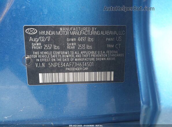 5NPE34AF7JH634501 2018 HYUNDAI SONATA Blue Շարժիչի բաժամունքի տեսք