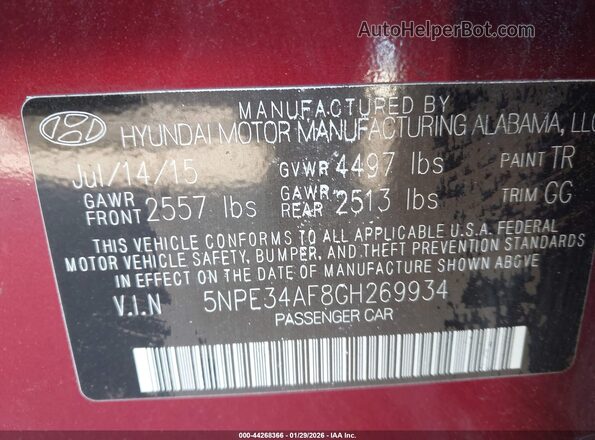 5NPE34AF8GH269934 2016 HYUNDAI SONATA Красный Вид подкапотного пространства