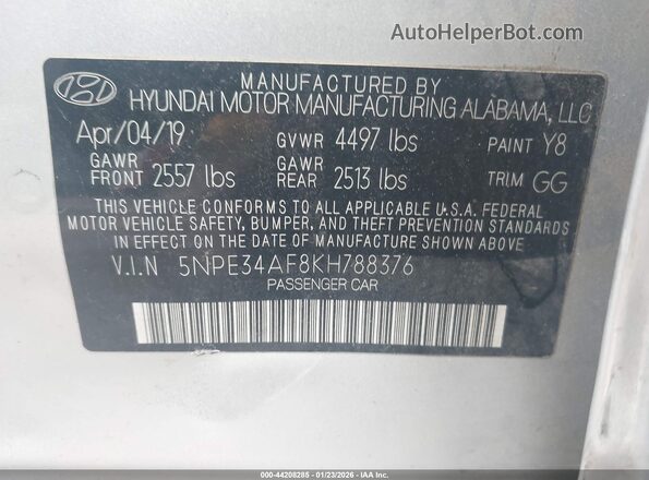 5NPE34AF8KH788376 2019 HYUNDAI SONATA Silver Vista del compartimento del motor