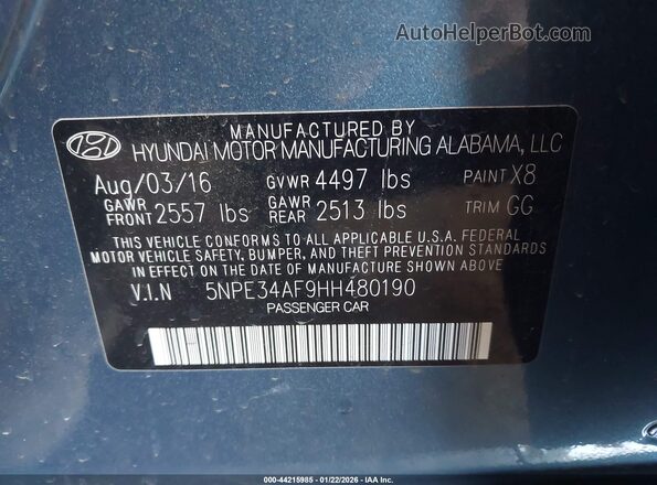5NPE34AF9HH480190 2017 HYUNDAI SONATA Синий Вид подкапотного пространства