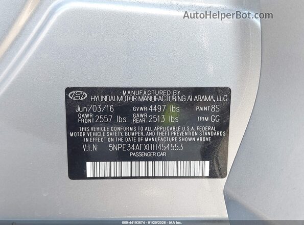 5NPE34AFXHH454553 2017 HYUNDAI SONATA Серебряный Вид подкапотного пространства