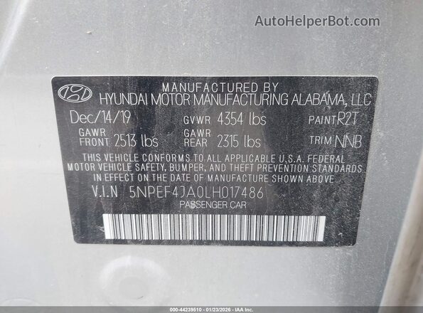 5NPEF4JA0LH017486 2020 HYUNDAI SONATA Серебряный Вид подкапотного пространства