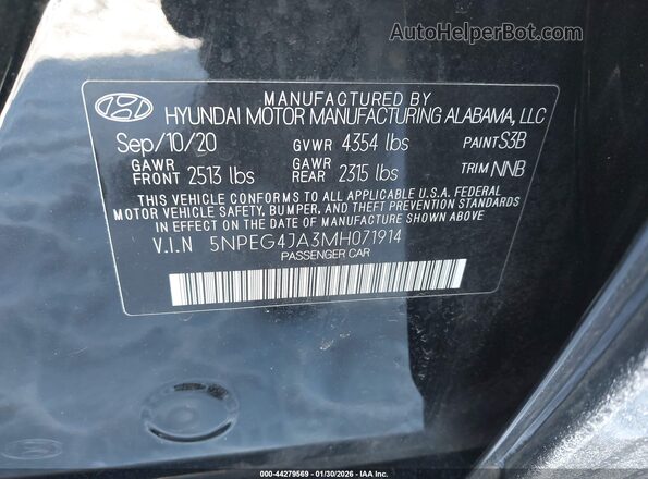 5NPEG4JA3MH071914 2021 HYUNDAI SONATA Черный Вид подкапотного пространства