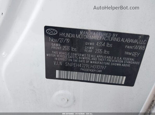 5NPEH4J29LH010197 2020 HYUNDAI SONATA White ძრავის განყოფილების ხედი