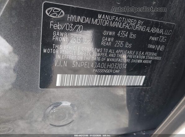 5NPEL4JA0LH032014 2020 HYUNDAI SONATA Gray 