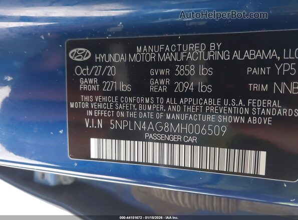 5NPLN4AG8MH006509 2021 HYUNDAI ELANTRA Blue Շարժիչի բաժամունքի տեսք