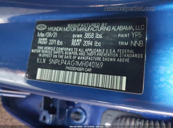 5NPLP4AG1MH040169 2021 HYUNDAI ELANTRA Blue Շարժիչի բաժամունքի տեսք