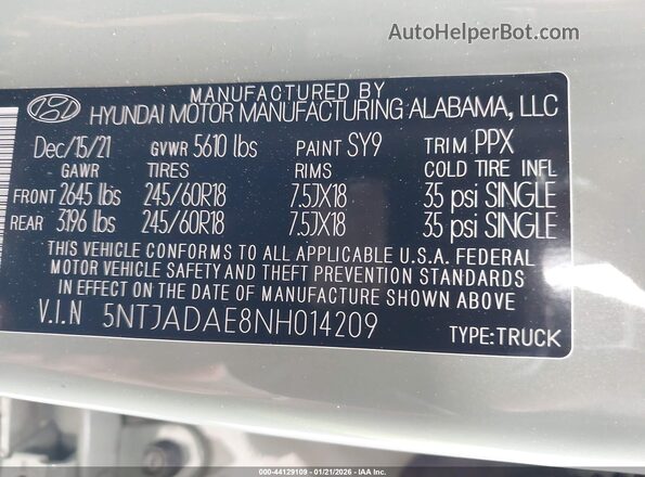 5NTJADAE8NH014209 2022 HYUNDAI SANTA CRUZ Green Widok komory silnika