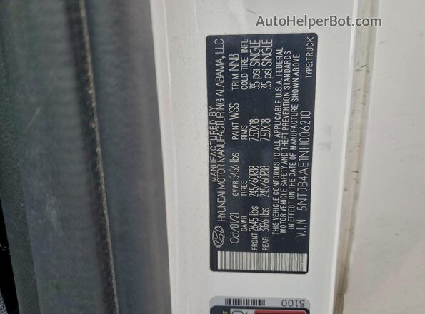 5NTJB4AE1NH006210 2022 HYUNDAI SANTA White Widok naklejki z numerem VIN