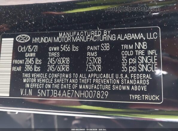 5NTJB4AE7NH007829 2022 HYUNDAI SANTA CRUZ Black Engine compartment view