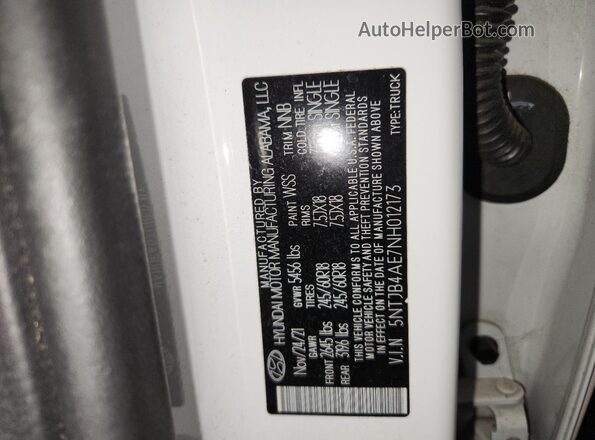 5NTJB4AE7NH012173 2022 HYUNDAI SANTA White VIN կոդի պիտակի տեսք