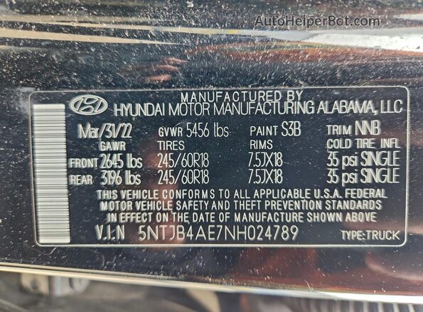 5NTJB4AE7NH024789 2022 HYUNDAI SANTA Black VIN sticker view
