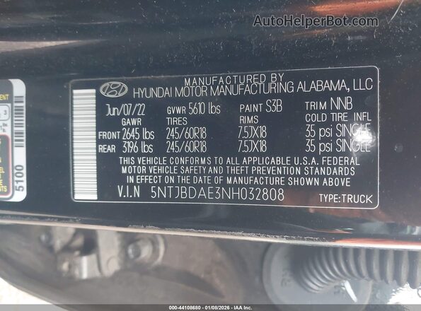 5NTJBDAE3NH032808 2022 HYUNDAI SANTA CRUZ Black ძრავის განყოფილების ხედი