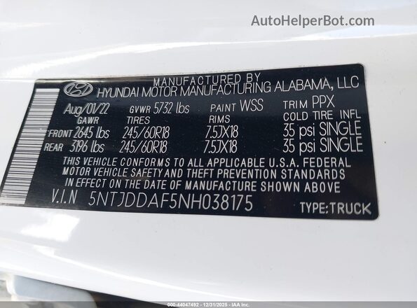 5NTJDDAF5NH038175 2022 HYUNDAI SANTA CRUZ White Շարժիչի բաժամունքի տեսք