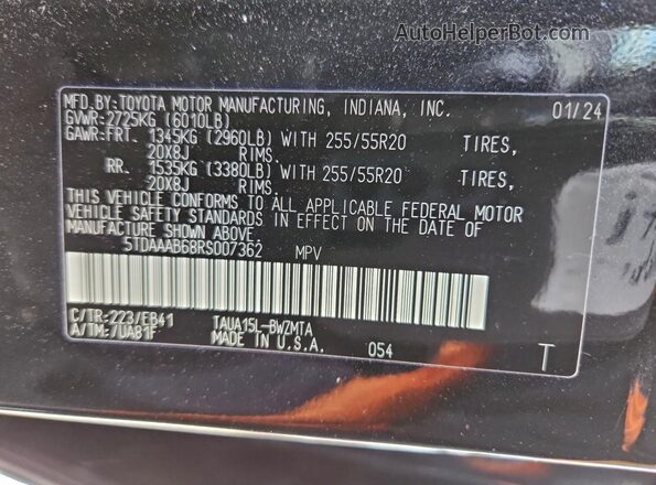 5TDAAAB68RS007362 2024 LEXUS TX Black VIN კოდის სტიკერის ხედი