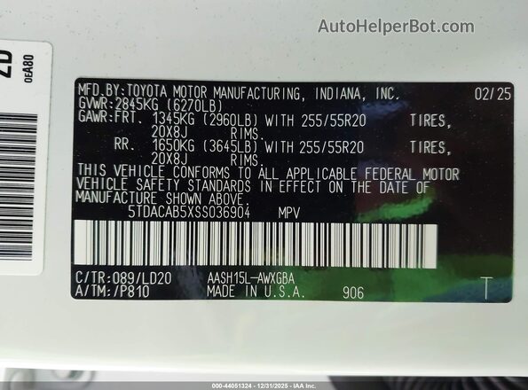 5TDACAB5XSS036904 2025 TOYOTA HIGHLANDER HYBRID White Vista del compartimento del motor