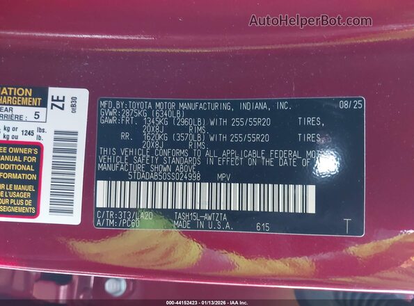 5TDADAB50SS024998 2025 TOYOTA HIGHLANDER HYBRID Red Engine compartment view