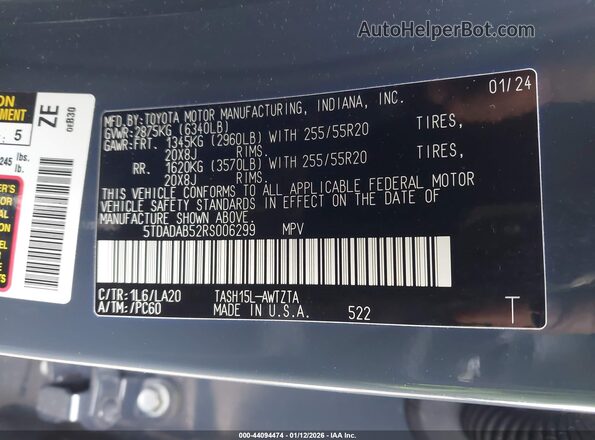 5TDADAB52RS006299 2024 TOYOTA HIGHLANDER HYBRID Blue Widok komory silnika