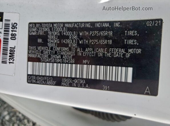 5TDAY5B18MS184588 2021 TOYOTA SEQUOIA White VIN sticker view