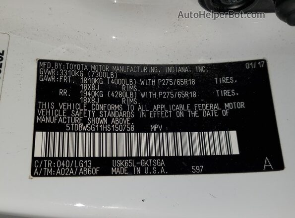 5TDBW5G11HS150758 2017 TOYOTA SEQUOIA Белый Вид наклейки с VIN-кодом
