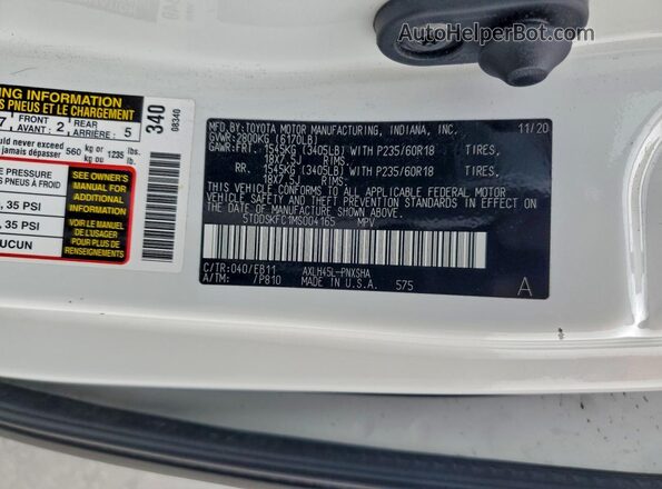 5TDDSKFC1MS004165 2021 TOYOTA SIENNA White VIN კოდის სტიკერის ხედი