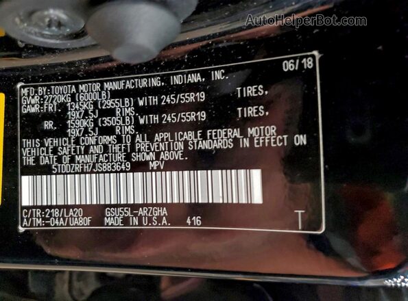 5TDDZRFH7JS883649 2018 TOYOTA LIMITED Black Вид наклейки з VIN-кодом