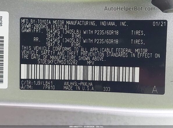 5TDESKFC7MS010282 2021 TOYOTA SIENNA Silver Շարժիչի բաժամունքի տեսք