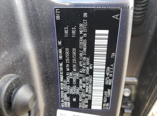 5TDFZRBH0MS148837 2021 TOYOTA HIGHLANDER Серый Вид наклейки с VIN-кодом