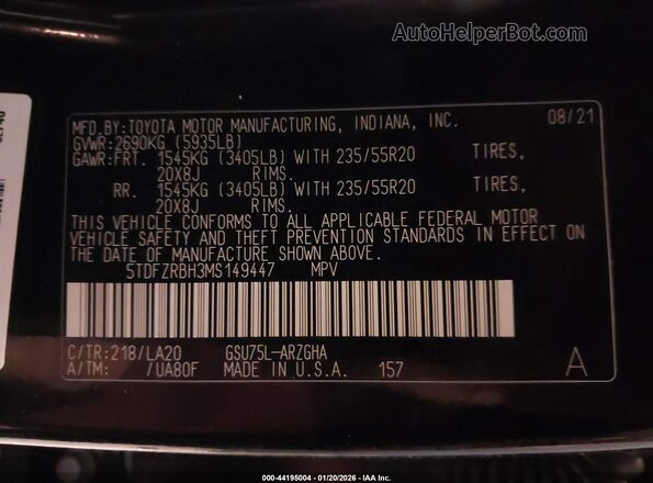 5TDFZRBH3MS149447 2021 TOYOTA HIGHLANDER Black Widok komory silnika